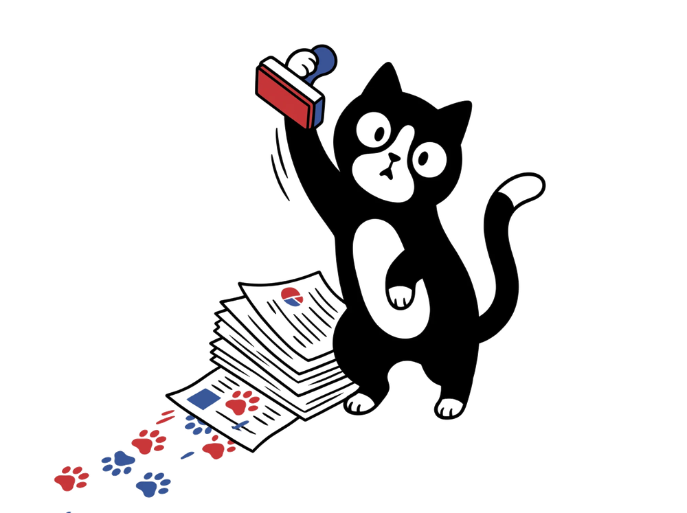 A cat holding a rubber stamp above a stack of paw-printed papers